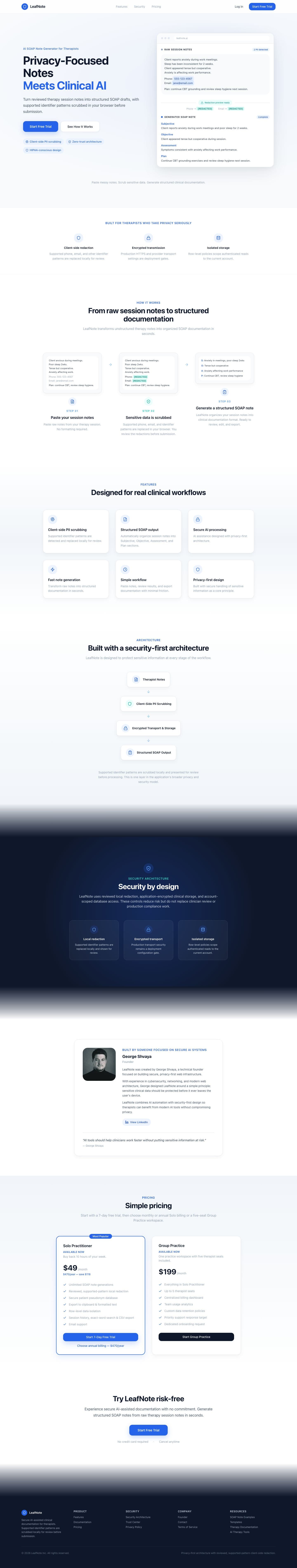 Leafnote AI homepage on desktop